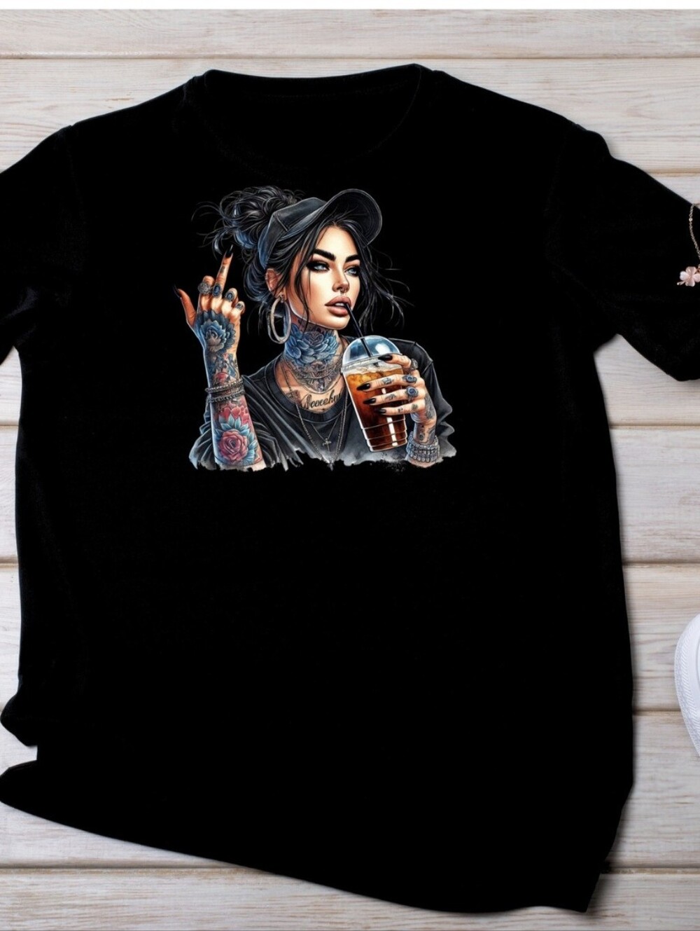 Luxury Custom Iced Coffee Tatted Girl Black Cap Graphic Tee - L